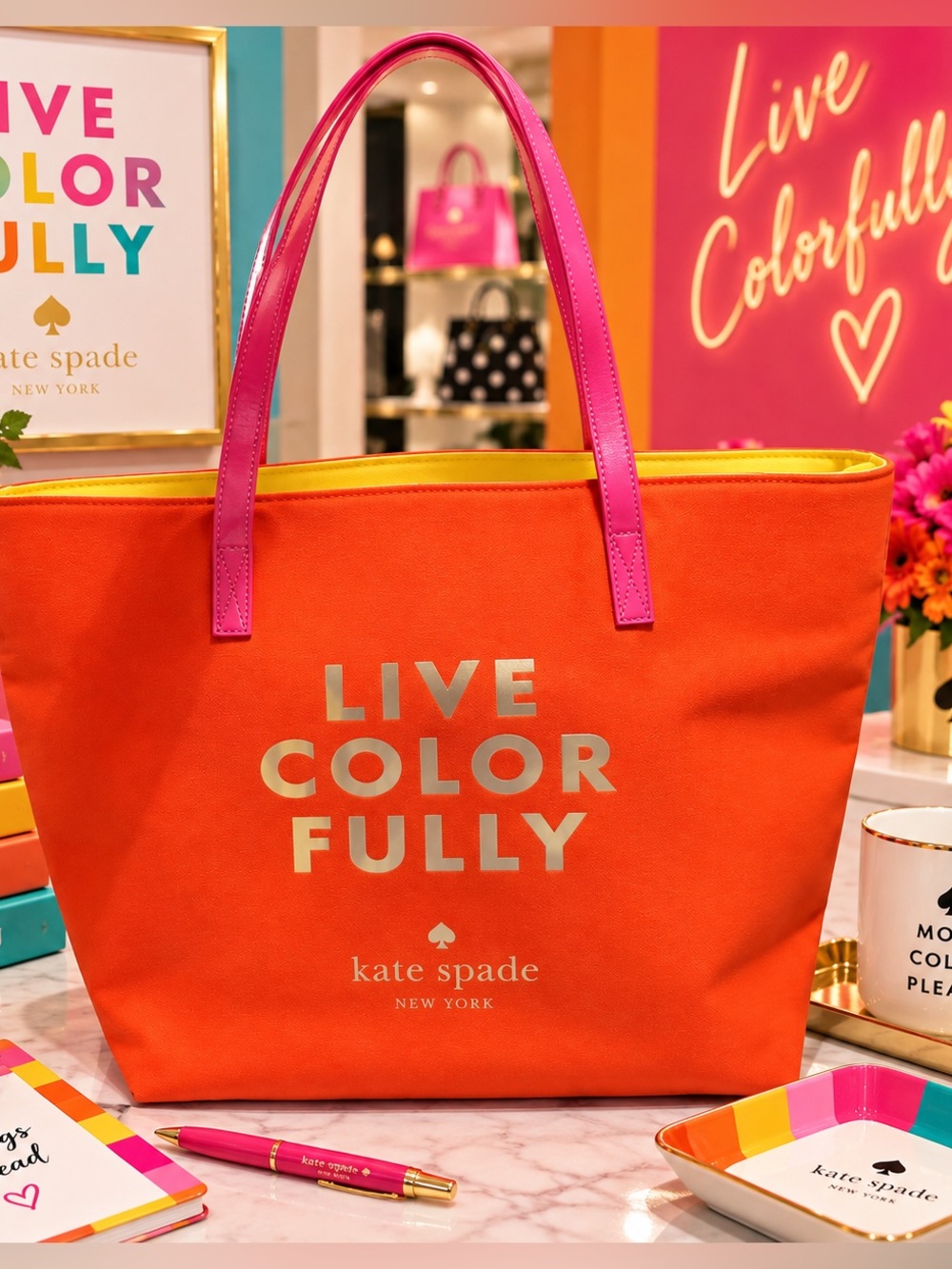 Kate Spade ♠️ “Live ColorFully” Orange Canvas Tote with Pink Handles EUC